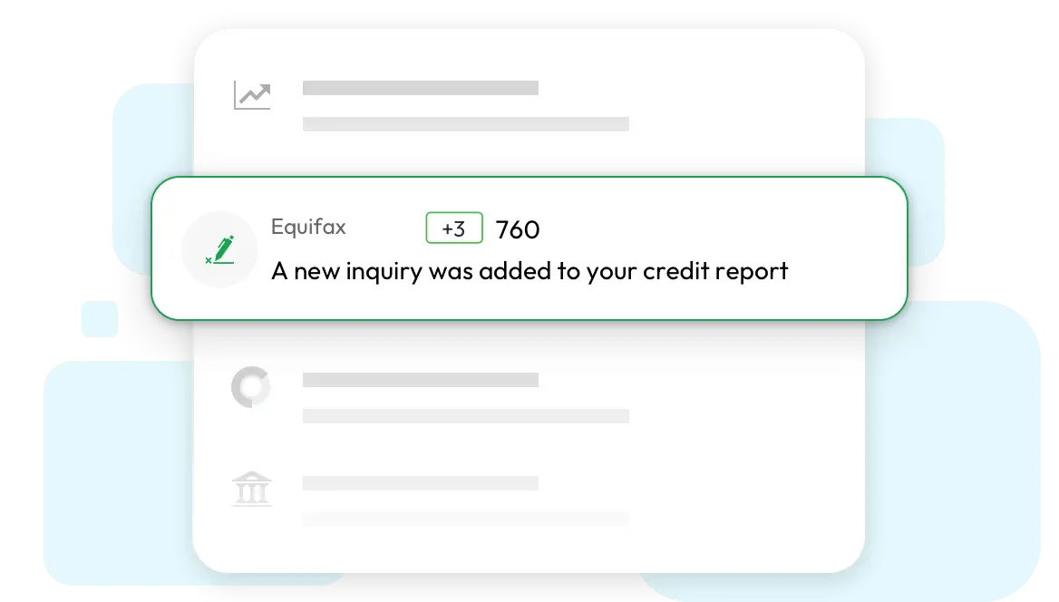 Illustration of an example credit monitoring alert (a new inquiry was added to your credit report) with a FICO Score change (up by 3 points to 760).