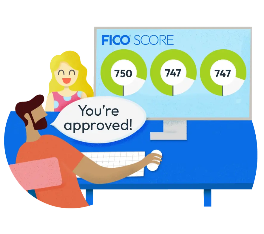 Illustration of a woman smiling as she hears 'you are approved!' from a men looking at three different FICO Scores displayed at his desktop computer