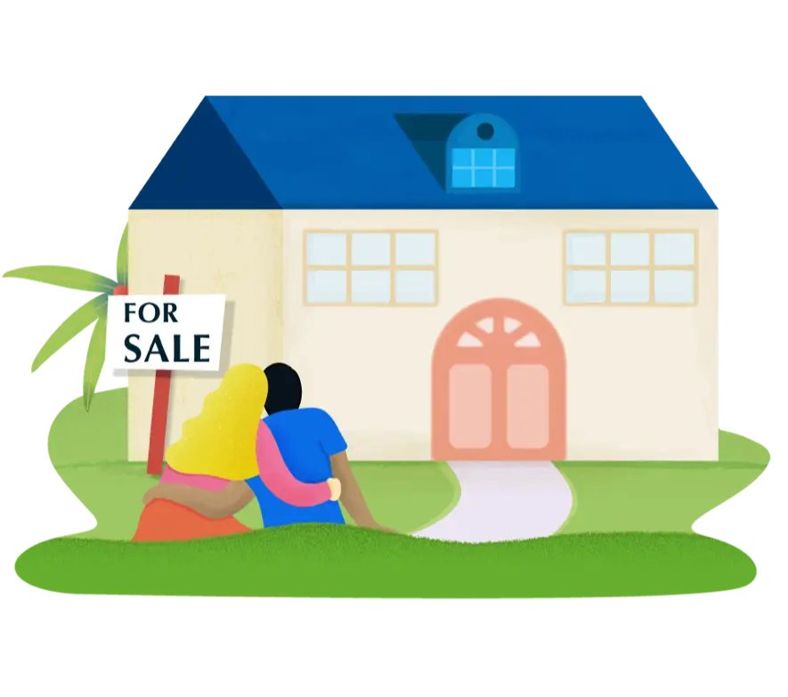 Illustration of a couple looking at a house with a for sale sign in the front yard